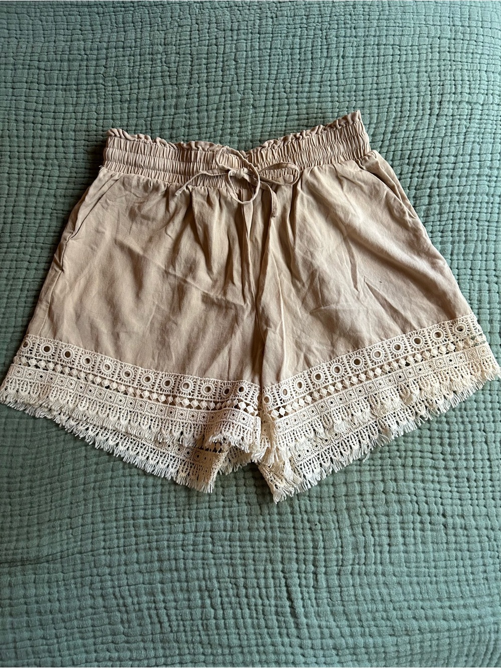 Amazon Women's High Waist Crochet-Trim Shorts in Beige